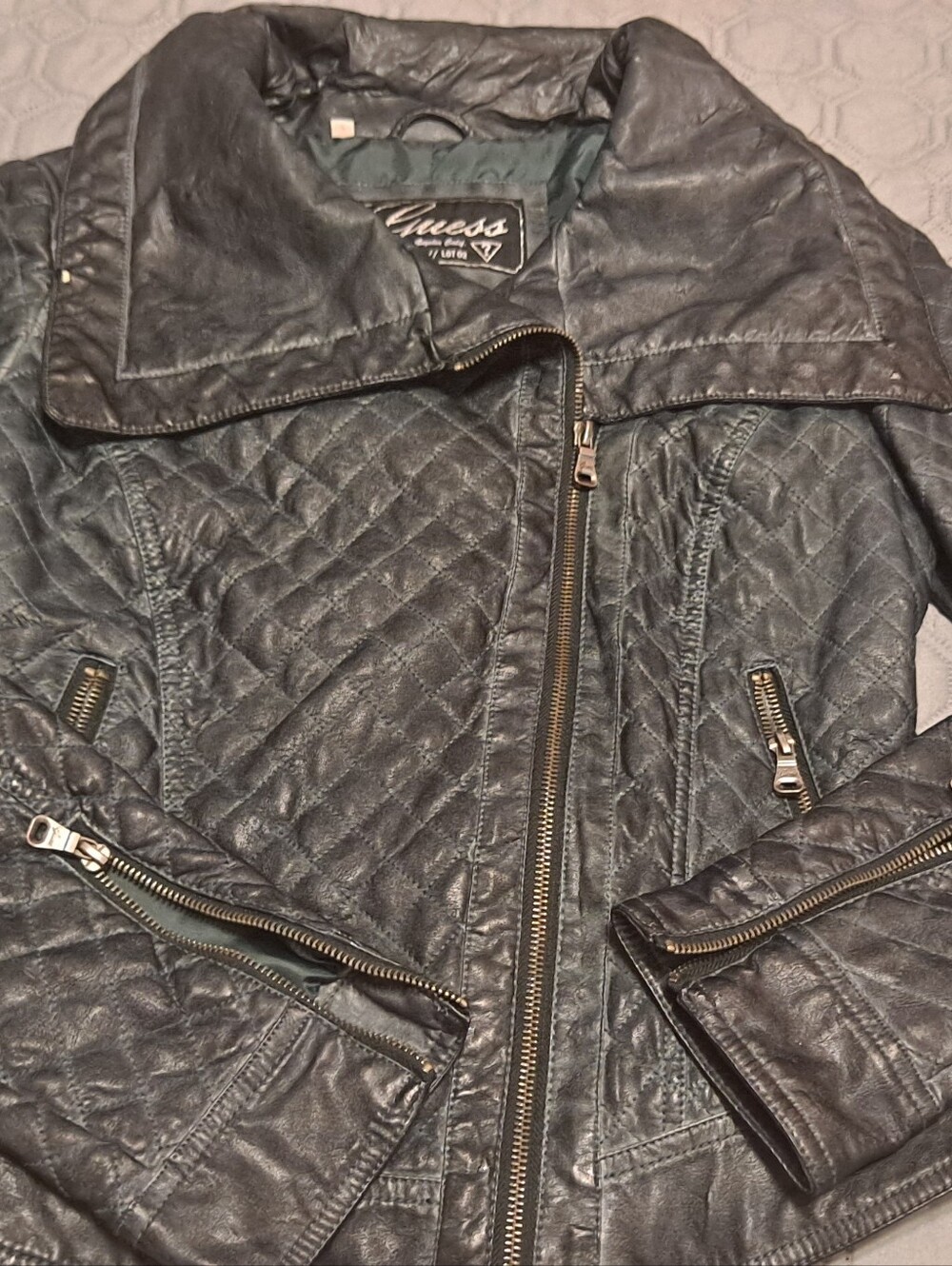 GUESS Black Quilted Faux-Leather Moto Jacket Sz M